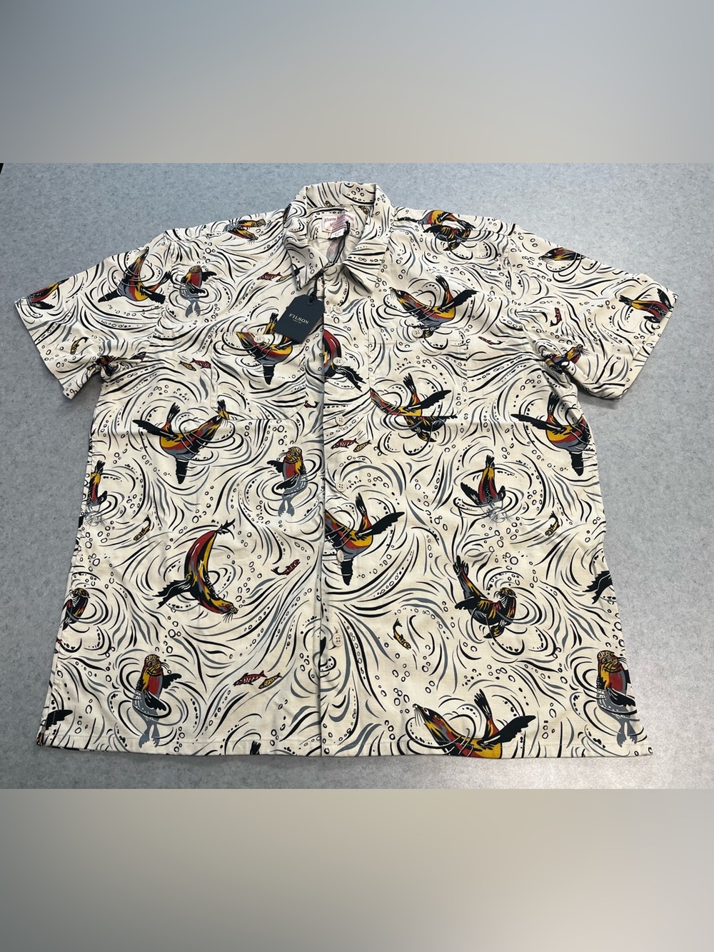 Filson Rustic Short Sleeve Camp Shirt XXL Seal Natural Fishing Print NWT Cotton